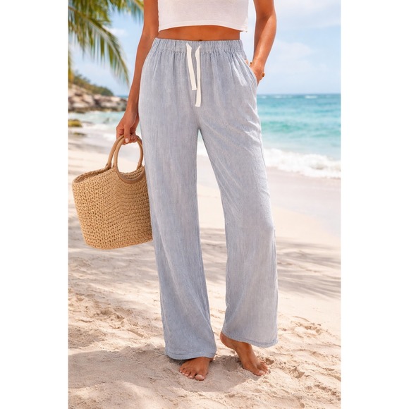 Quince Pants - Quince Linen Wide Leg Pants XS Blue White Stripe Drawstring